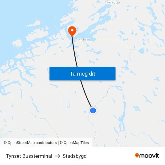 Tynset Bussterminal to Stadsbygd map