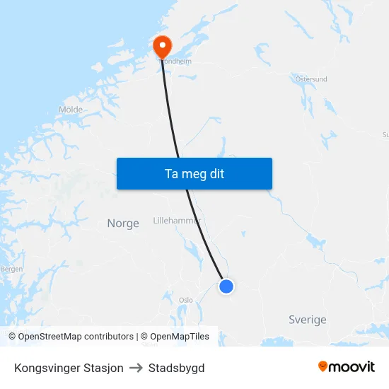 Kongsvinger Stasjon to Stadsbygd map