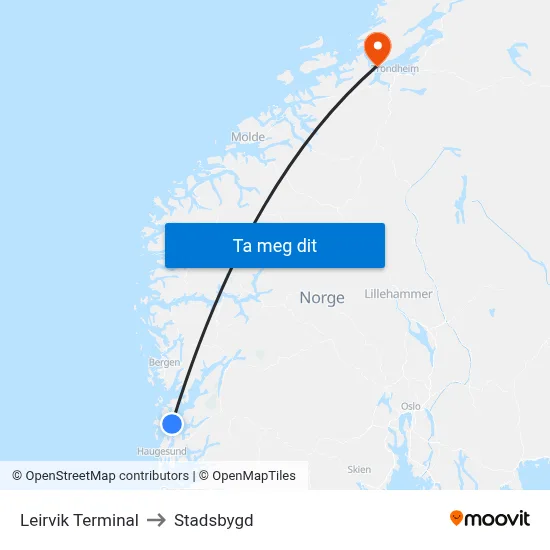 Leirvik Terminal to Stadsbygd map