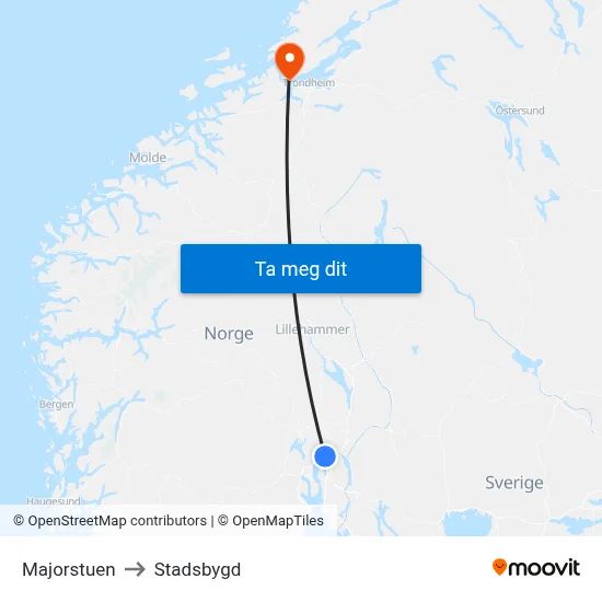 Majorstuen to Stadsbygd map