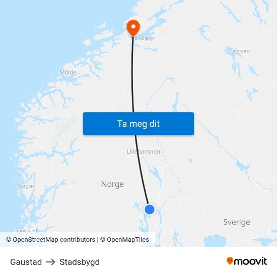 Gaustad to Stadsbygd map