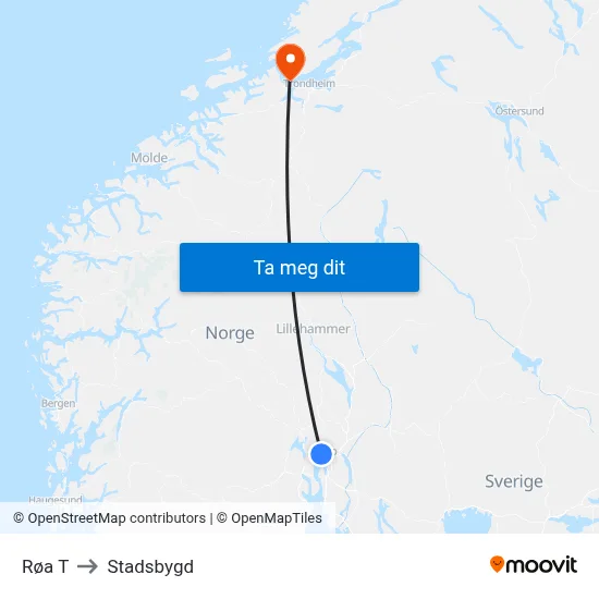 Røa T to Stadsbygd map