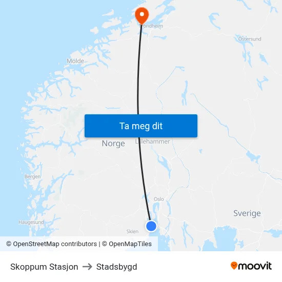 Skoppum Stasjon to Stadsbygd map