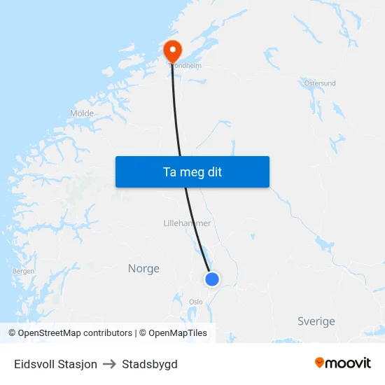 Eidsvoll Stasjon to Stadsbygd map