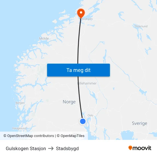 Gulskogen Stasjon to Stadsbygd map