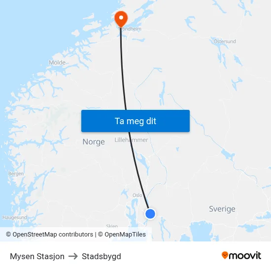 Mysen Stasjon to Stadsbygd map