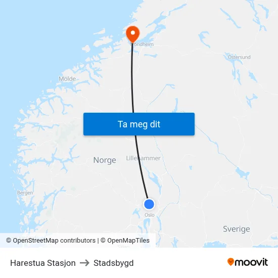 Harestua Stasjon to Stadsbygd map