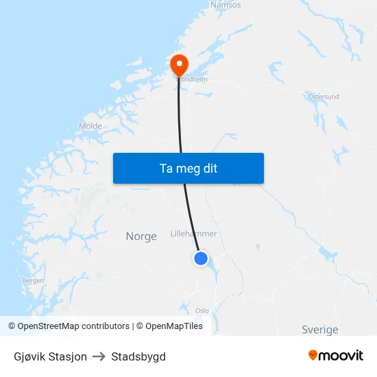 Gjøvik Stasjon to Stadsbygd map