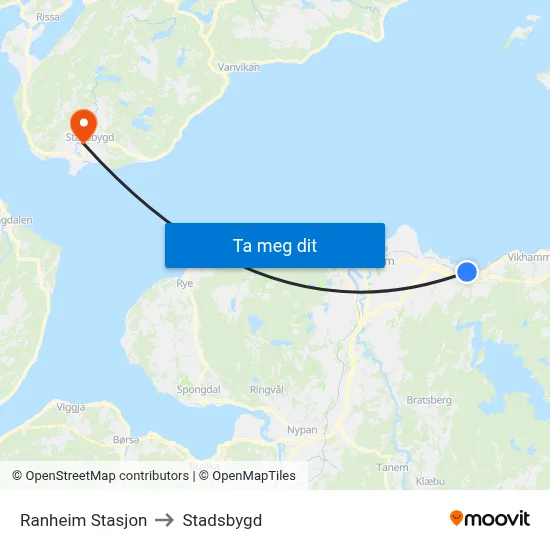 Ranheim Stasjon to Stadsbygd map