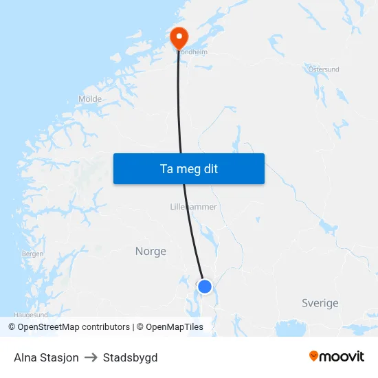 Alna Stasjon to Stadsbygd map