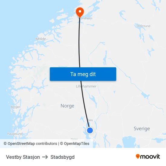 Vestby Stasjon to Stadsbygd map