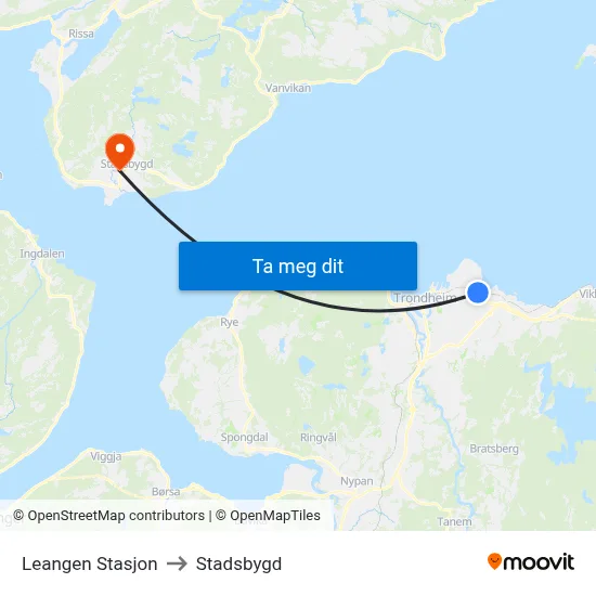 Leangen Stasjon to Stadsbygd map