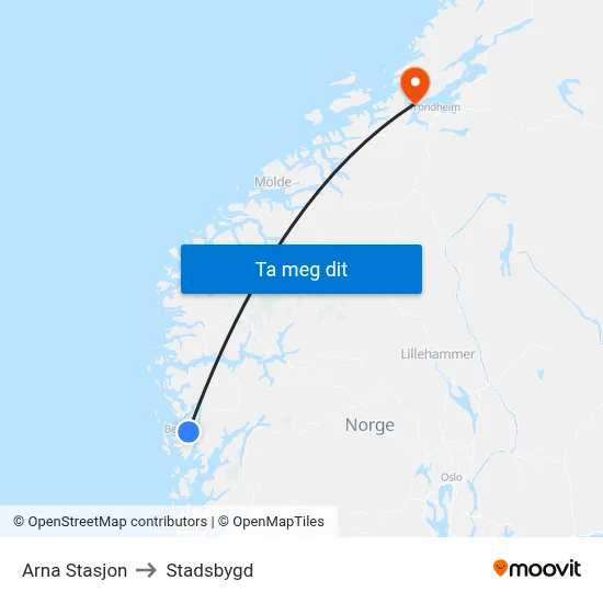 Arna Stasjon to Stadsbygd map