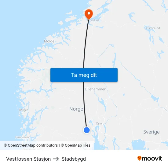 Vestfossen Stasjon to Stadsbygd map