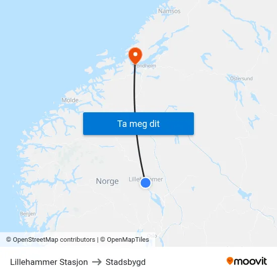 Lillehammer Stasjon to Stadsbygd map