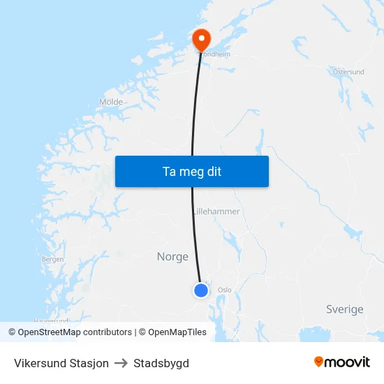 Vikersund Stasjon to Stadsbygd map