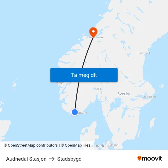 Audnedal Stasjon to Stadsbygd map