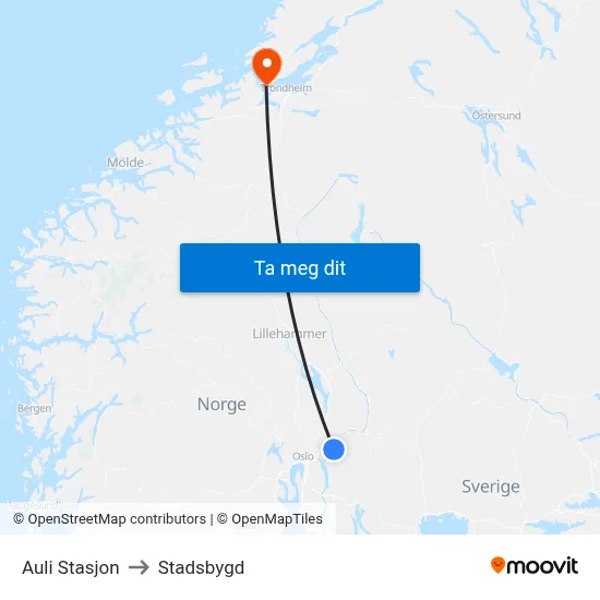Auli Stasjon to Stadsbygd map