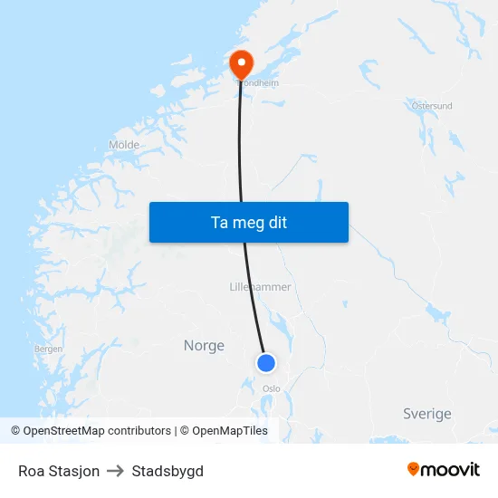 Roa Stasjon to Stadsbygd map