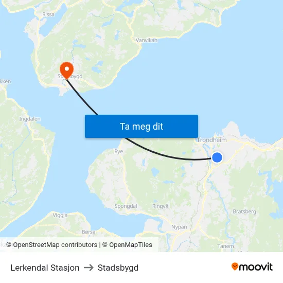 Lerkendal Stasjon to Stadsbygd map