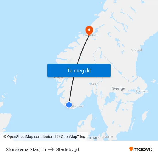 Storekvina Stasjon to Stadsbygd map