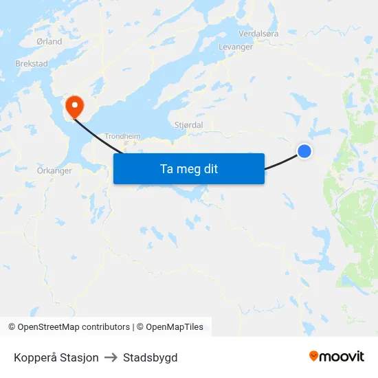 Kopperå Stasjon to Stadsbygd map