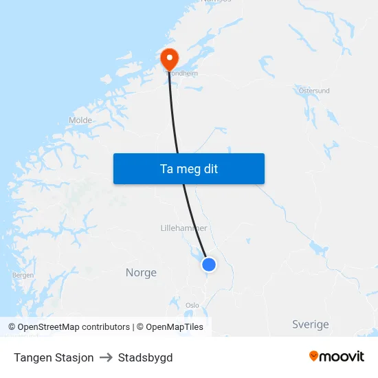 Tangen Stasjon to Stadsbygd map