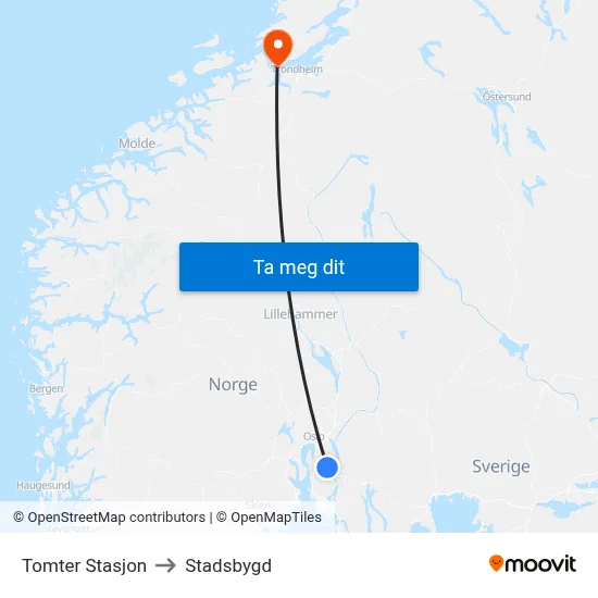 Tomter Stasjon to Stadsbygd map