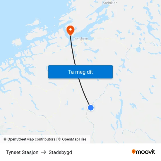 Tynset Stasjon to Stadsbygd map