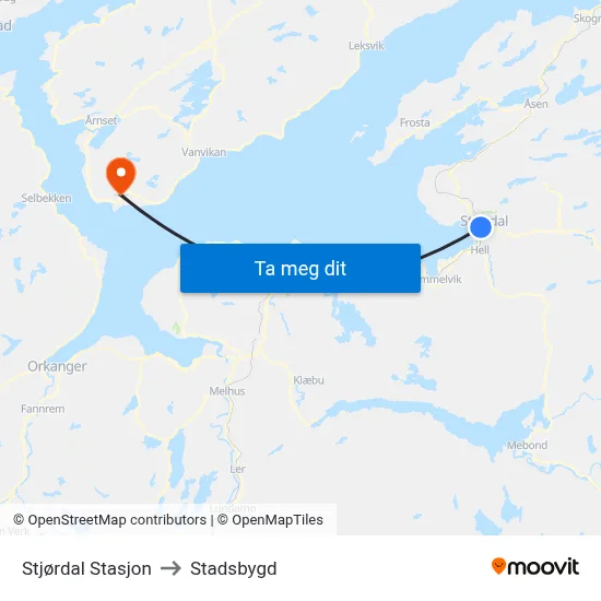 Stjørdal Stasjon to Stadsbygd map
