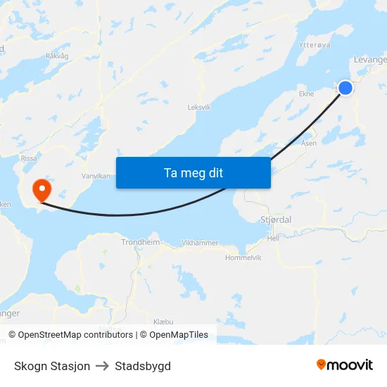 Skogn Stasjon to Stadsbygd map