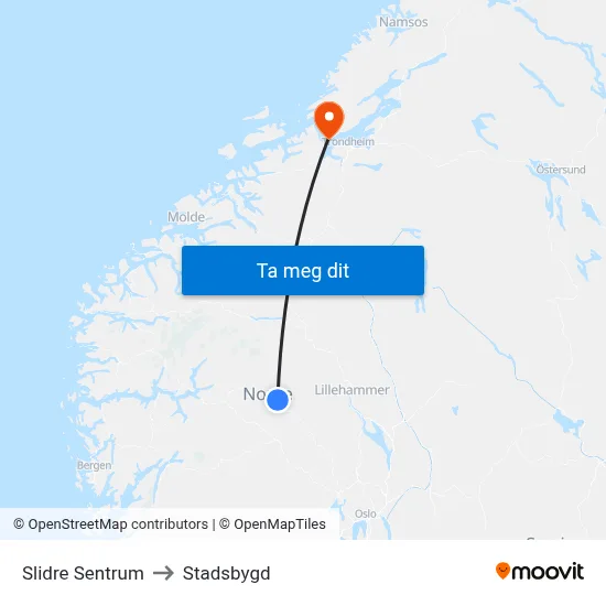 Slidre Sentrum to Stadsbygd map