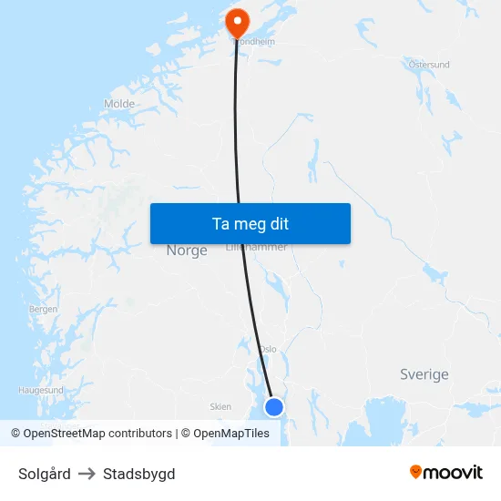 Solgård to Stadsbygd map