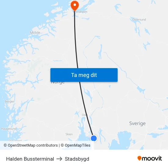 Halden Bussterminal to Stadsbygd map