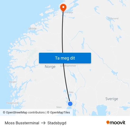Moss Bussterminal to Stadsbygd map
