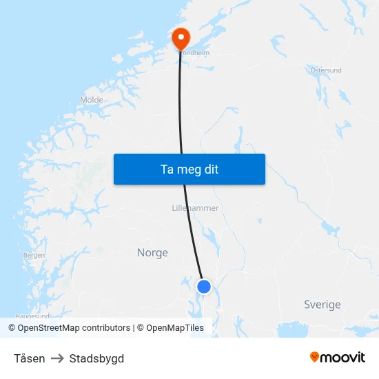 Tåsen to Stadsbygd map