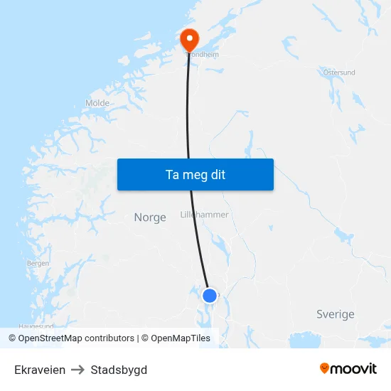 Ekraveien to Stadsbygd map