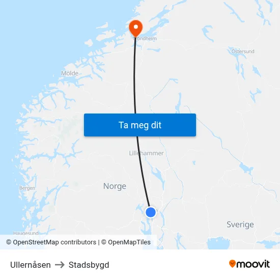 Ullernåsen to Stadsbygd map