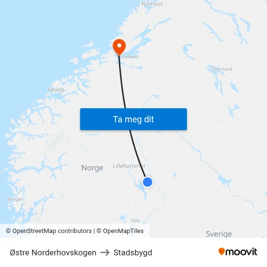 Østre Norderhovskogen to Stadsbygd map