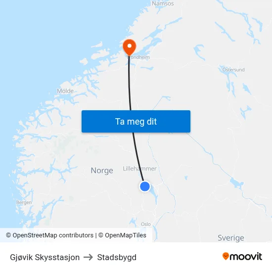 Gjøvik Skysstasjon to Stadsbygd map