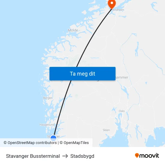 Stavanger Bussterminal to Stadsbygd map