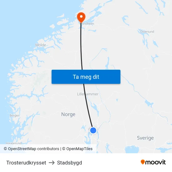 Trosterudkrysset to Stadsbygd map