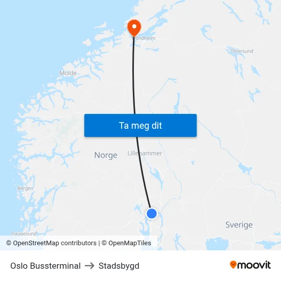 Oslo Bussterminal to Stadsbygd map