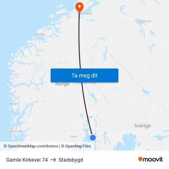 Gamle Kirkevei 74 to Stadsbygd map
