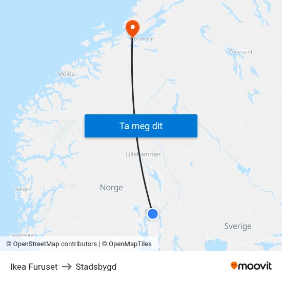 Ikea Furuset to Stadsbygd map