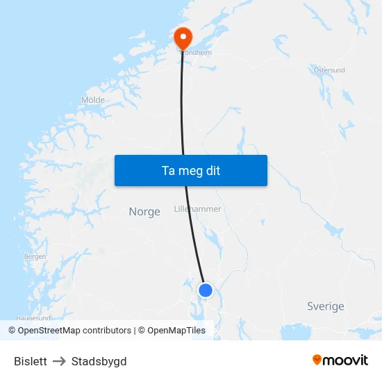 Bislett to Stadsbygd map