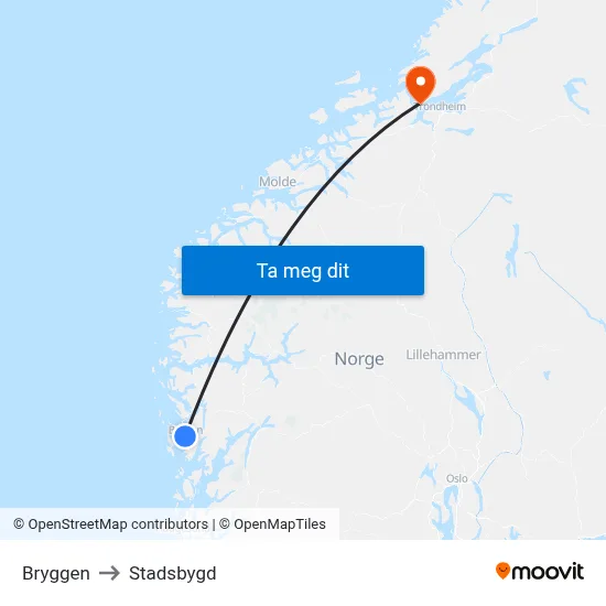 Bryggen to Stadsbygd map