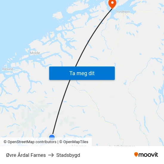 Øvre Årdal Farnes to Stadsbygd map
