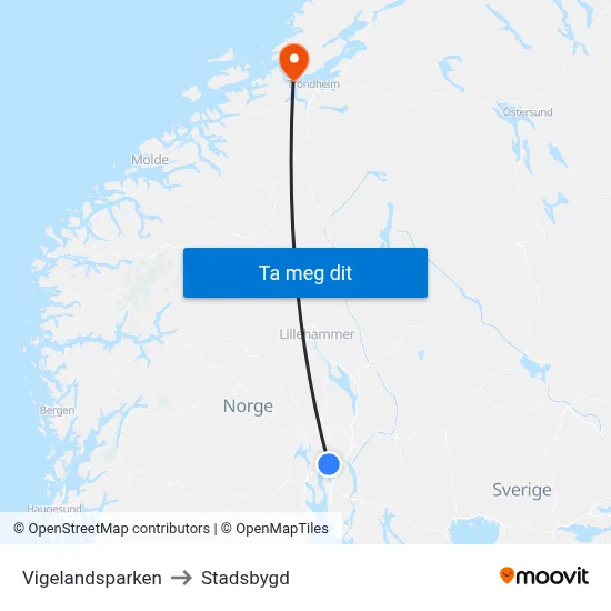 Vigelandsparken to Stadsbygd map