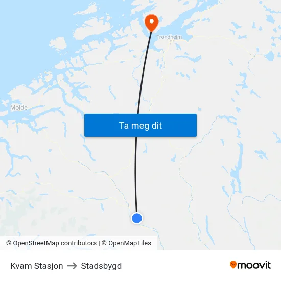 Kvam Stasjon to Stadsbygd map